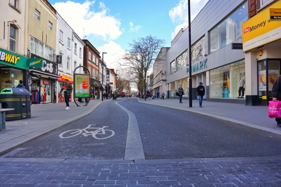 Hounslow High Street on a bright day